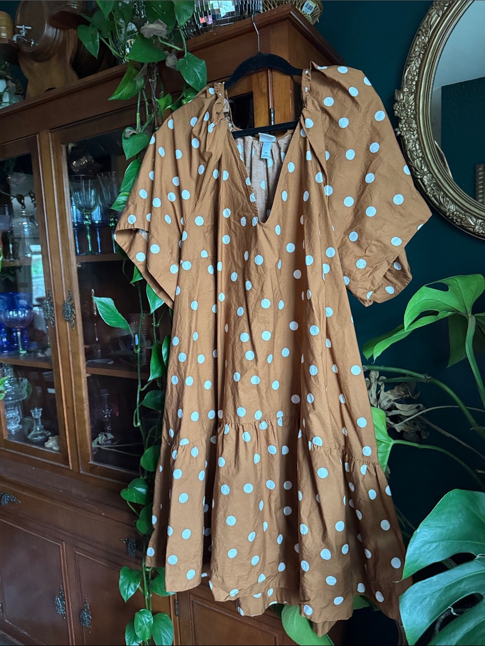 a new day Brown Polka Dot Midi Dress with White Dots